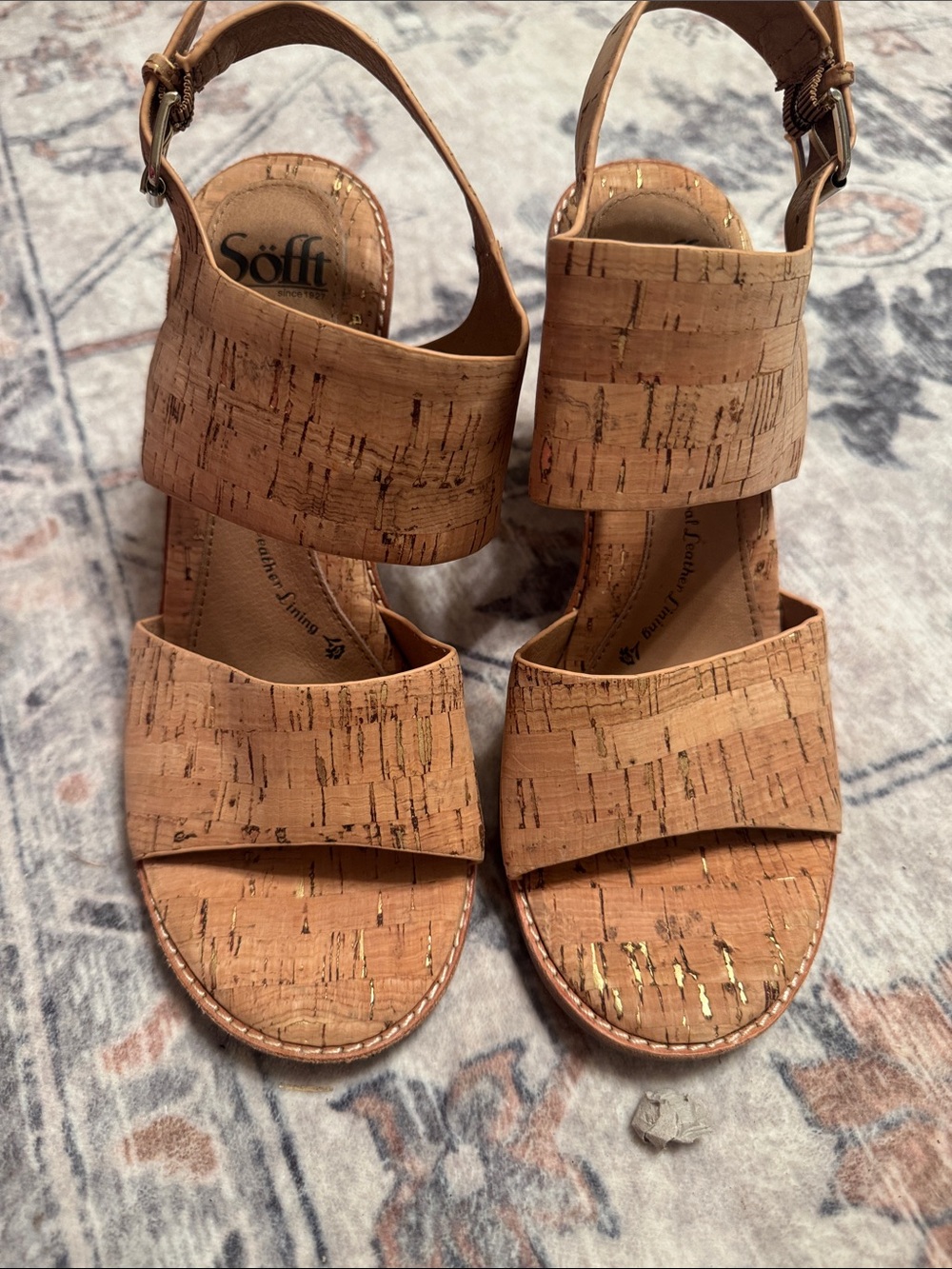 Sรถfft Cork-Textured Tan Wedge Sandals with Ankle Strap